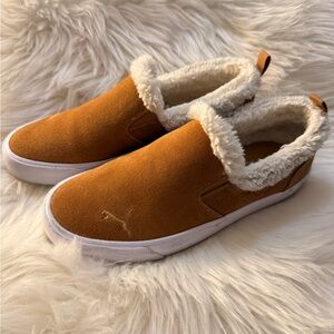 Puma Brown Slip-On Shoes with White Faux Fur